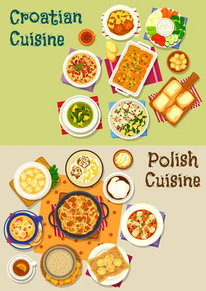 Set de iconos de cocina polaca y croata, diseño de alimentos — Vector de stock