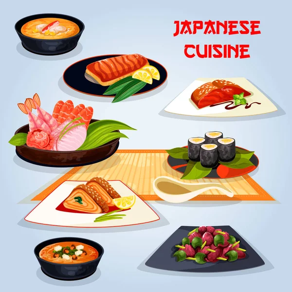 Japanese cuisine popular dishes for lunch icon — Stock Vector