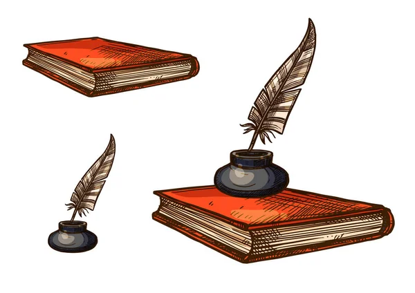 Книга зі старою перовою ручкою та ескізом inkwell — стоковий вектор