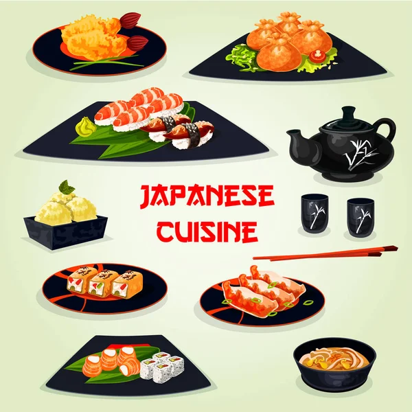 Japanse keuken diner met dessert cartoon pictogram — Stockvector