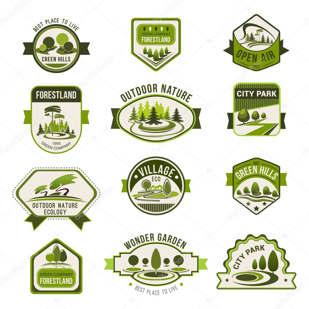 Park, green city garden, eco landscape design, forest nature badge set. Green tree with decorative grass lawn isolated icon for ecology, landscaping, greenhouse and eco friendly business theme design