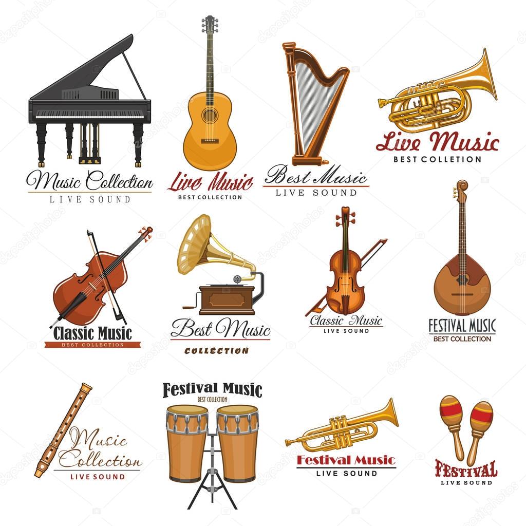 Music instrument and festival of live music symbols. Guitar, drum, violin and harp, trumpet, piano and horn, flute, mandolin and maracas, viola and retro phonograph isolated sign for music design