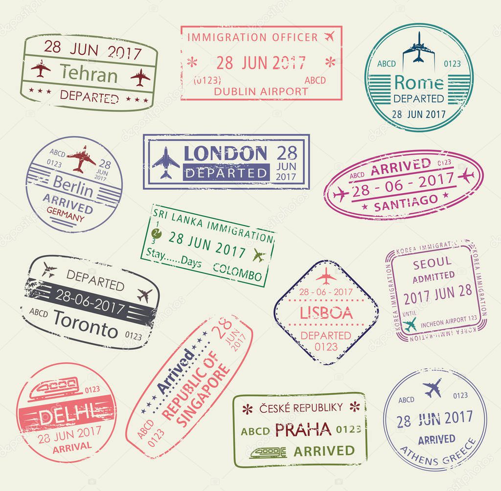 Passport stamp of travel visa isolated set design