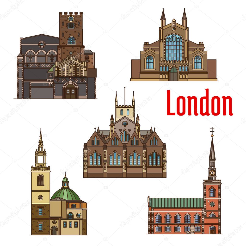 London travel landmark of british church icon set