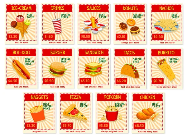 Векторное меню ресторана быстрого питания — стоковый вектор