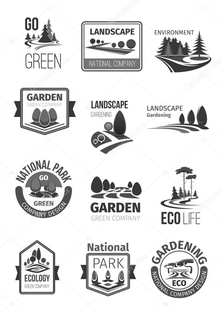 Green landscape and garden planting or designing company vector icons set. Isolated symbols or labels of parks and forest trees, woodland greenery squares and eco parkland plants for outdoor gardening