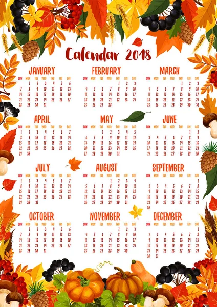 秋の自然ベクトル 2018 カレンダー テンプレート — ストックベクタ