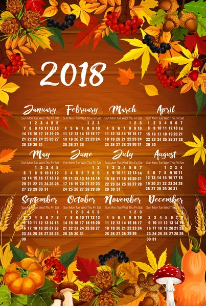 Outono calendário vetor de colheita de folhas de bordo 2018 — Vetor de Stock