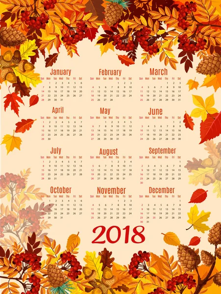 Šablona kalendáře 2018 s podzimní list — Stockový vektor