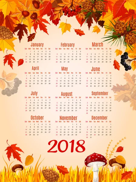 秋の葉秋ベクトル 2018年カレンダー テンプレート — ストックベクタ