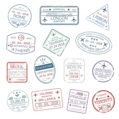 Şehir pasaport pulları vektör simgeler dünya seyahat