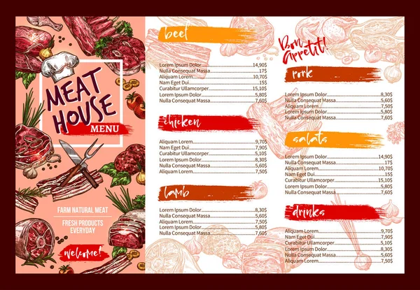 Modèle de menu vectoriel pour restaurant de viande fraîche — Image vectorielle