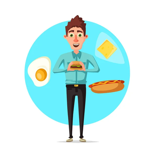 Homem pequeno-almoço ou fast food almoço vetor plana ícone — Vetor de Stock