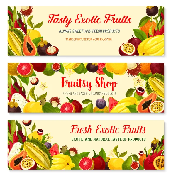 Vector banners of exotic fresh tropical fruits — Stock Vector