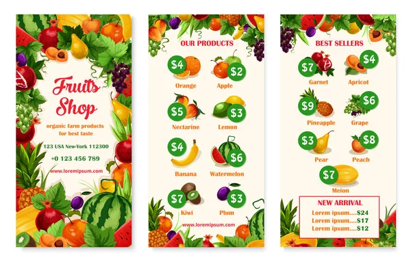 Modèle de prix de menu vectoriel du magasin ou du marché de fruits — Image vectorielle