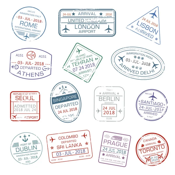 Iconos vectoriales de los sellos de pasaportes de viaje mundial — Vector de stock