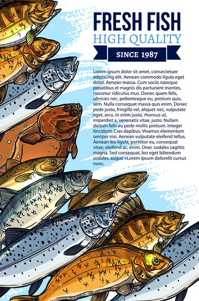 新鲜鱼或海鲜市场矢量海报 — 图库矢量图片