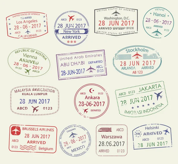 Iconos vectoriales de los sellos de pasaporte de la ciudad World Travel — Archivo Imágenes Vectoriales