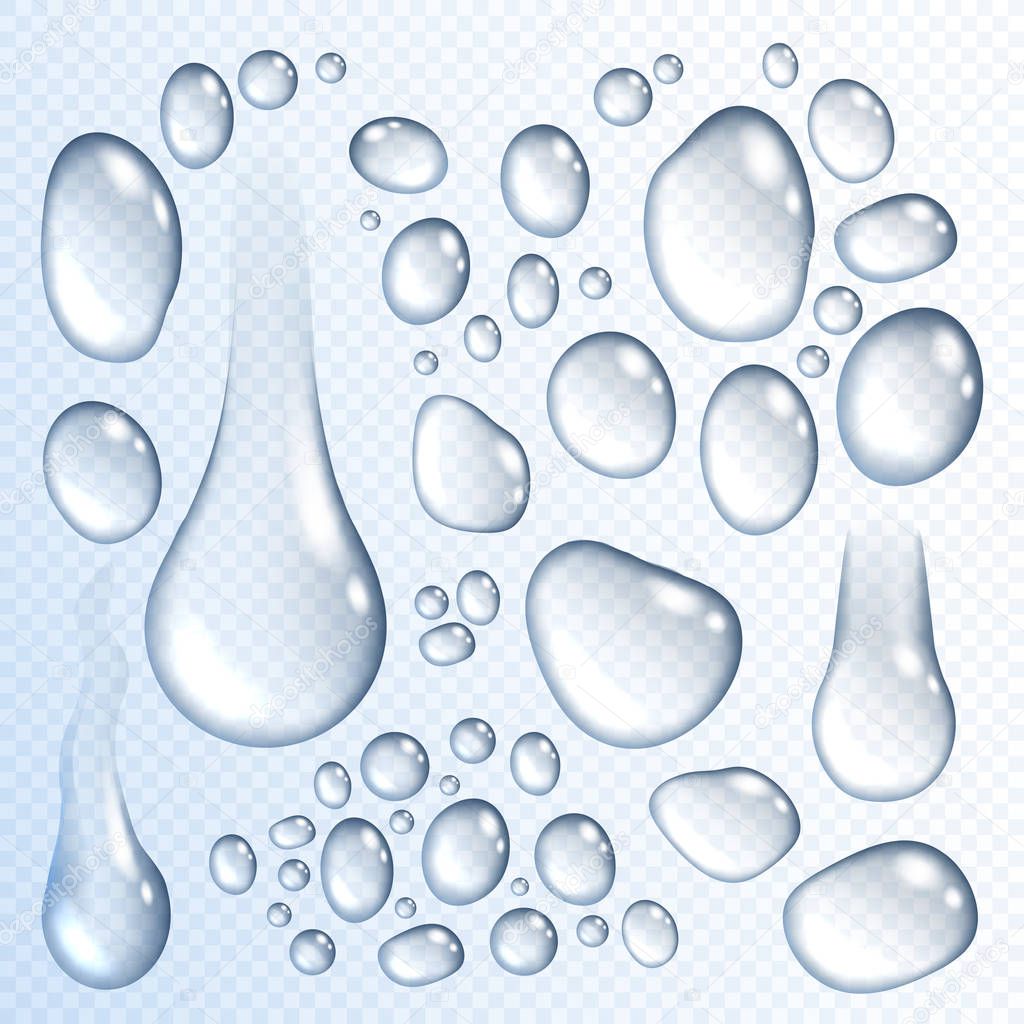 Realistic water drops vector transparent 3D icons