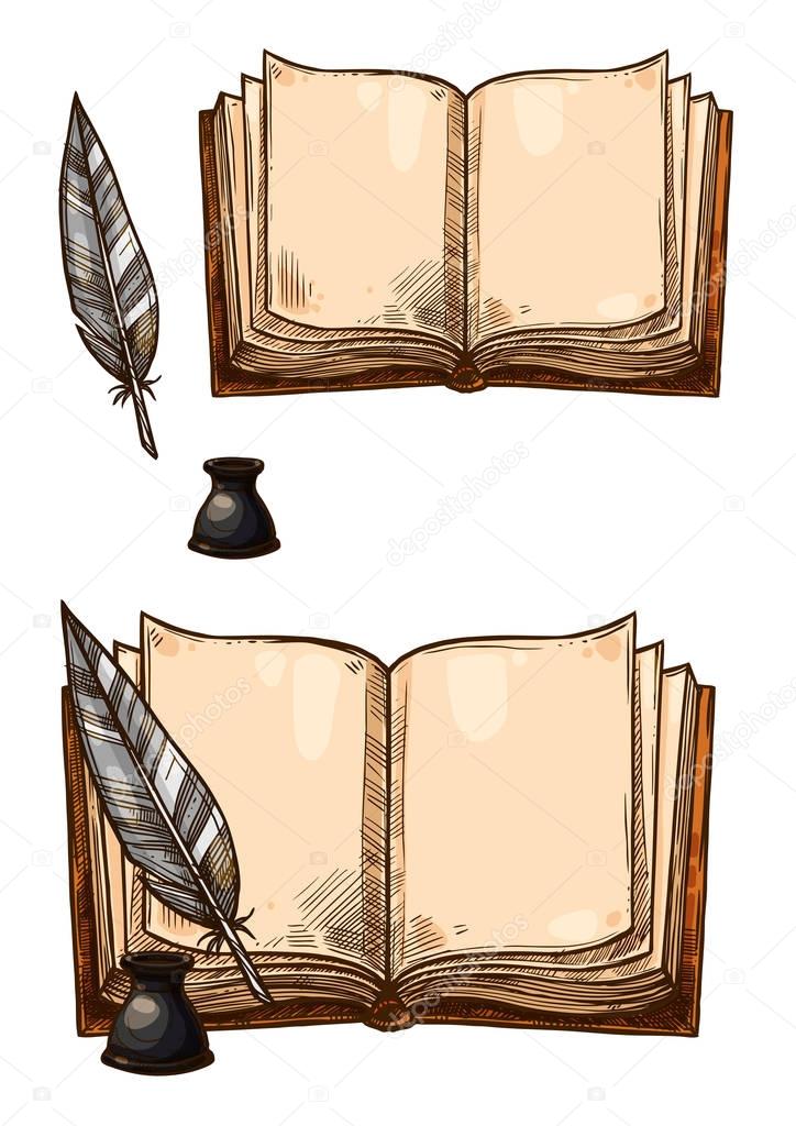 Vector old books and ink quill feather pens