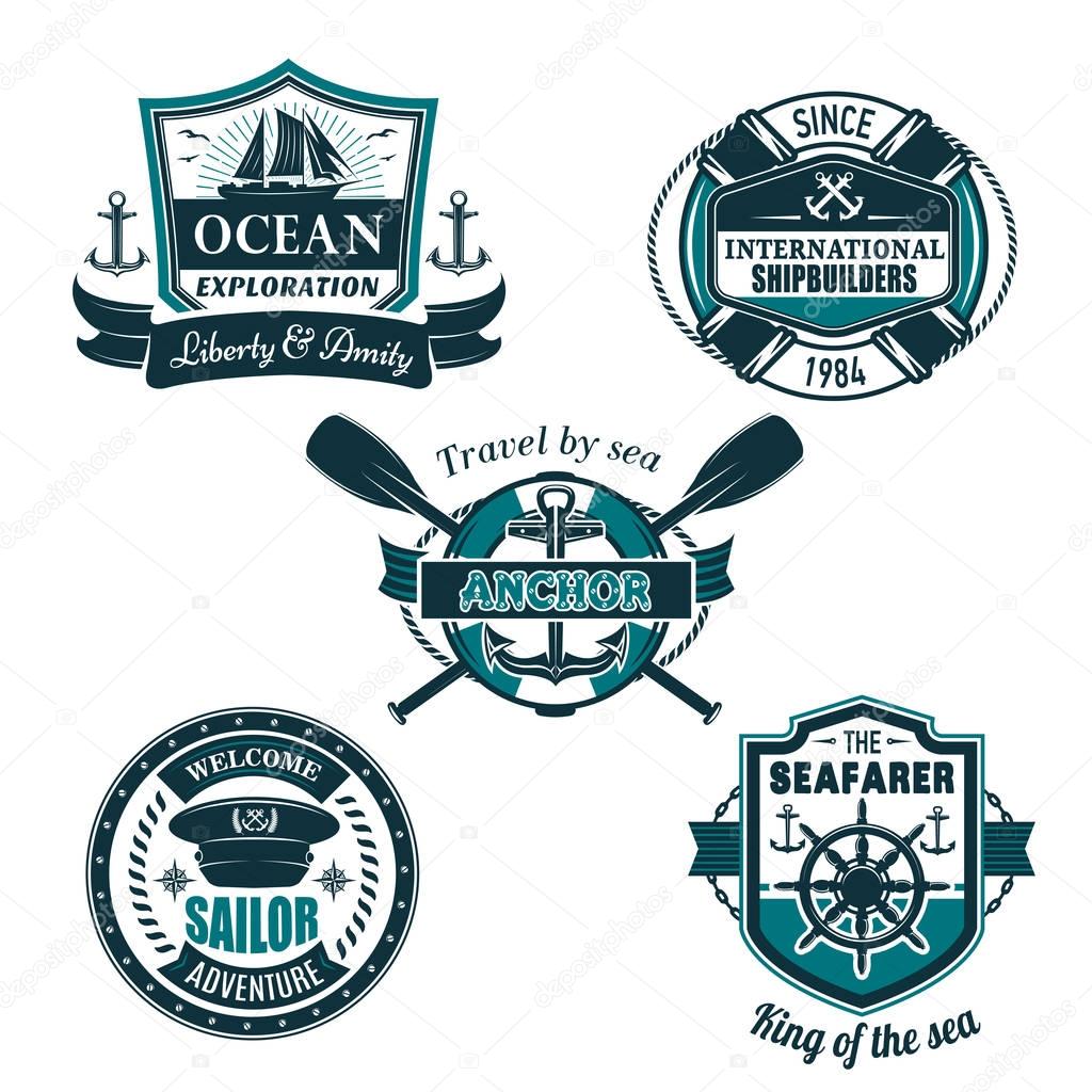 Marine travel and sailor or seafarer sailing heraldic vector icons set of ship anchor, helm or crossed vessel paddles, captain hat and life buoy on ocean or sea waves with ribbons and seagulls