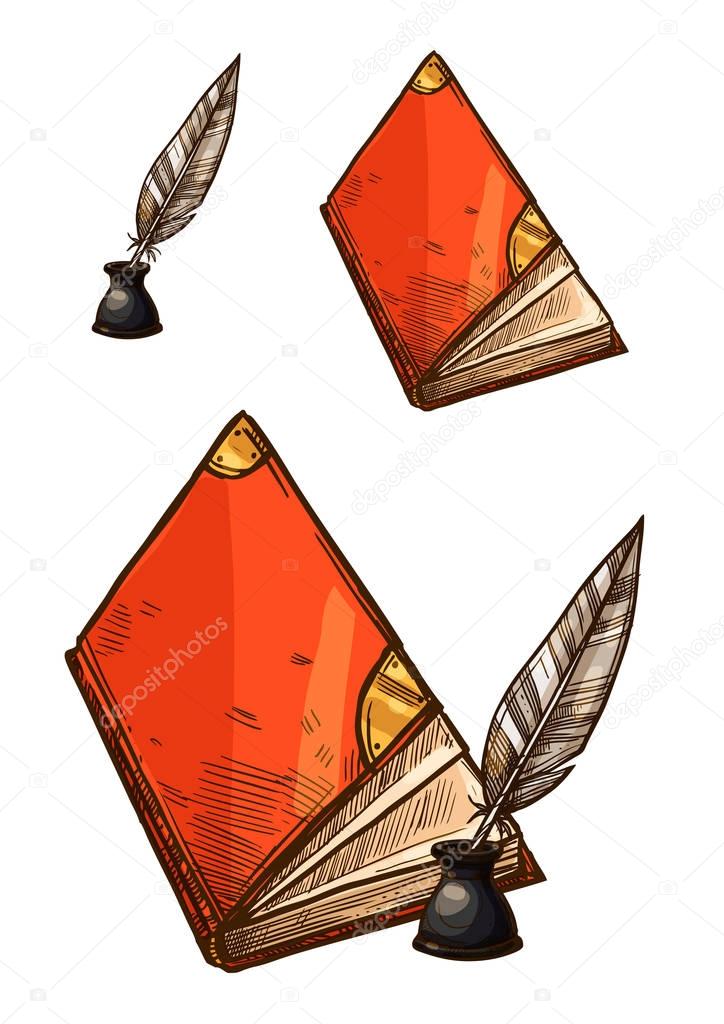 Vector old books and ink quill feather pens