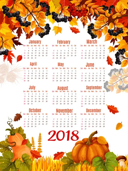Herbst Vektor 2018 Kalendervorlage fallendes Blatt — Stockvektor