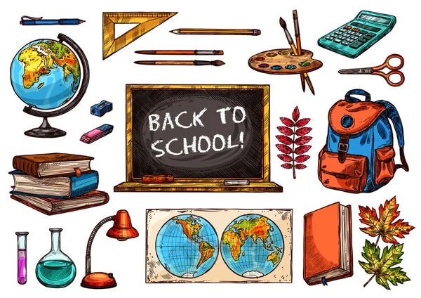 School en onderwijs leveringen schets pictogramserie — Stockvector