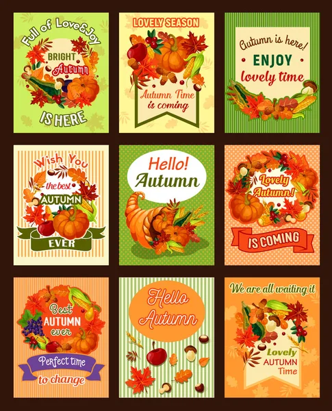 Folha de outono e colheita queda conjunto de cartaz retro — Vetor de Stock