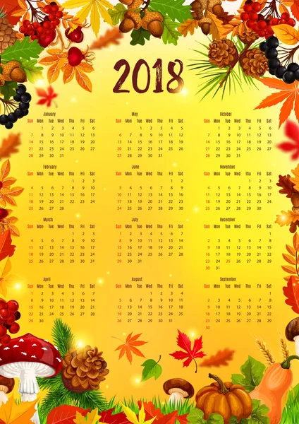 2018 Modelo de calendário com moldura de folha de outono — Vetor de Stock