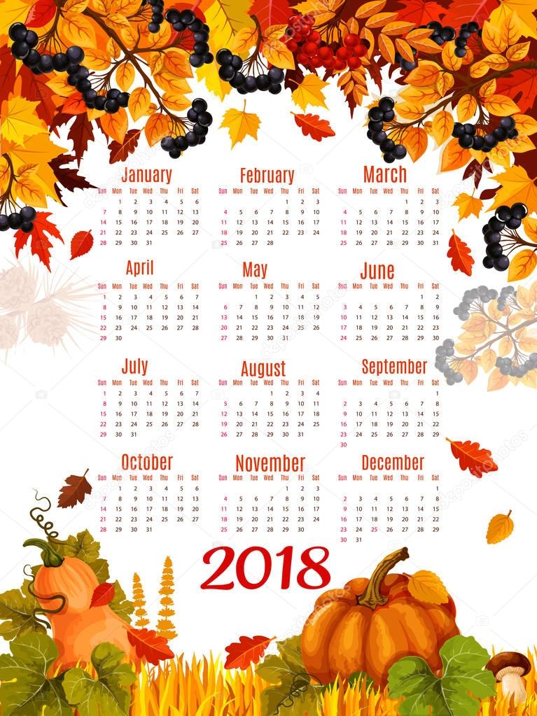 Autumn vector 2018 calendar template falling leaf