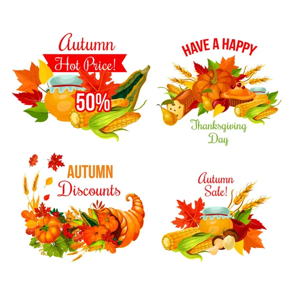 Ensemble de symboles de vente d'automne des vacances de Thanksgiving — Image vectorielle