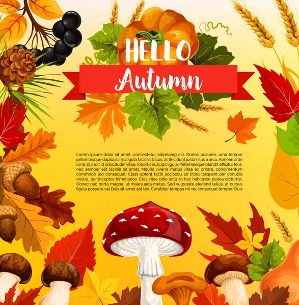 Hola plantilla de cartel de otoño con hoja de temporada de otoño — Vector de stock