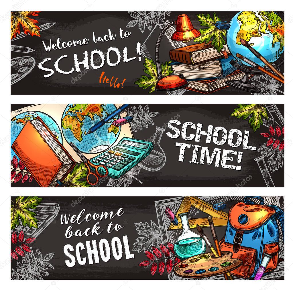 School supplies on chalkboard banner set design