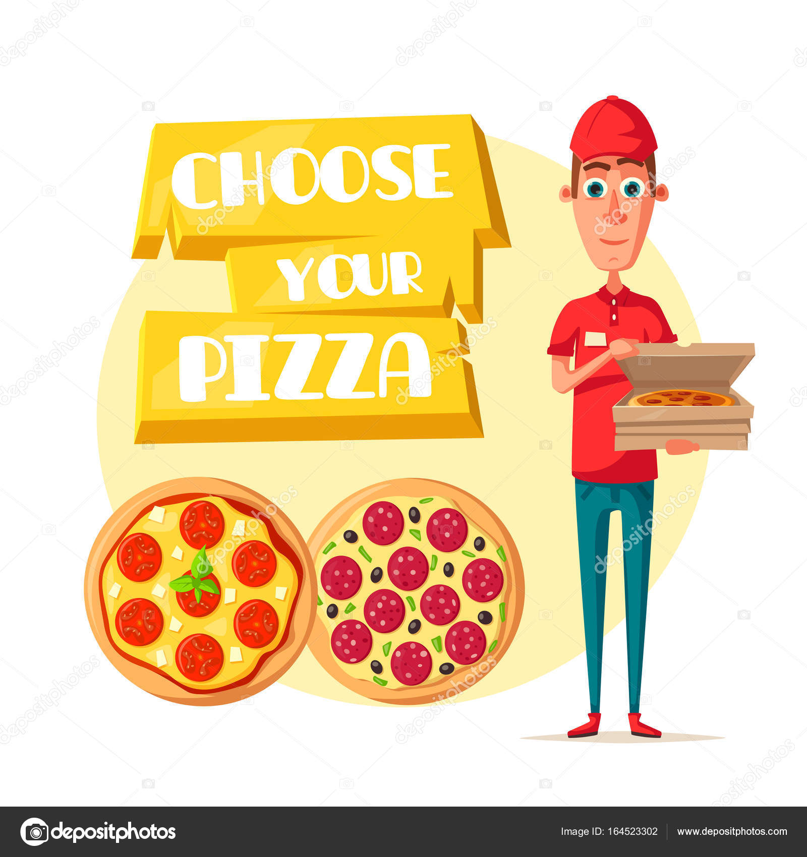 Pizza delivery man with open box cartoon icon Stock Vector Image by  ©Seamartini #164523302