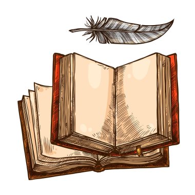 Kopya alanı ile açık kitap ve tüy kalem kroki