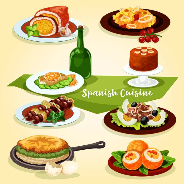 Almuerzo de cocina española con el icono de la caricatura de postre — Vector de stock