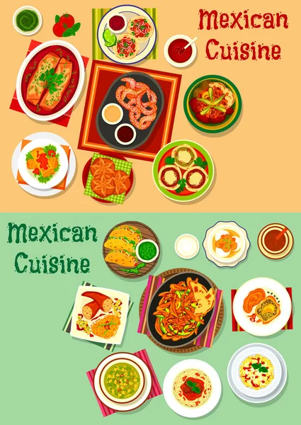 Cocina mexicana platos de almuerzo con carne snack icono — Vector de stock