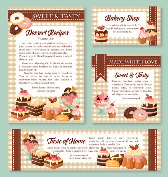 Banner de loja de bolos e padarias com sobremesas de pastelaria —  Vetores de Stock