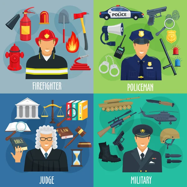 Policial, bombeiro, militar, conjunto de ícones de juiz —  Vetores de Stock