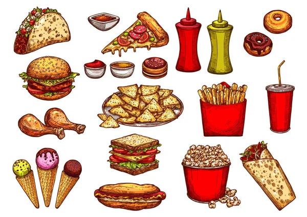 Fast food burger, drink and dessert sketch set — Stock Vector