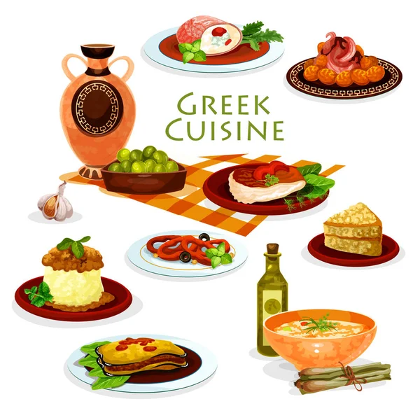 Cocina griega platos saludables almuerzo icono de dibujos animados — Vector de stock