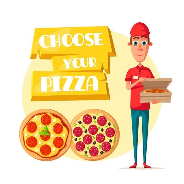 Uomo consegna pizza con icona cartone animato scatola aperta — Vettoriale Stock