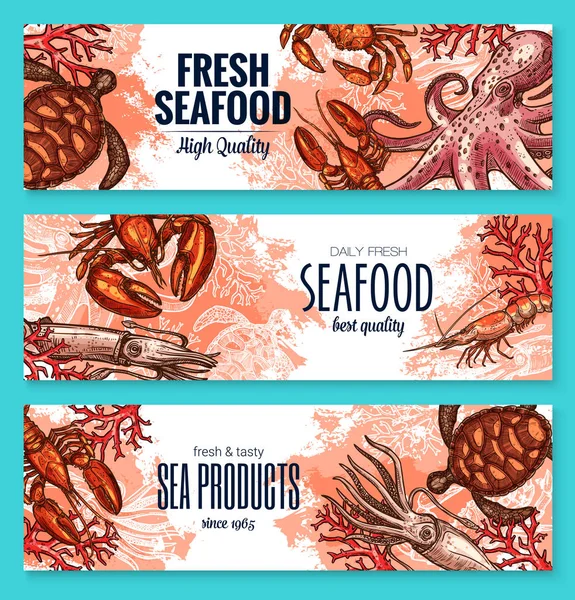 Conjunto de banner de esboço de produtos de frutos do mar para design de alimentos — Vetor de Stock