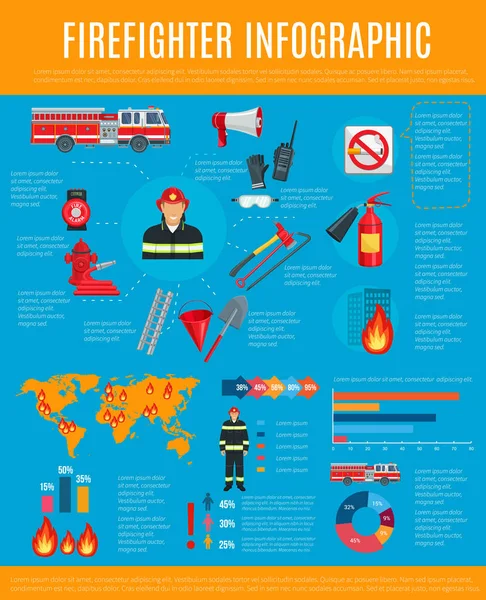 Feuerwehr-Infografik mit Feuerwehrmann und Ausrüstung — Stockvektor