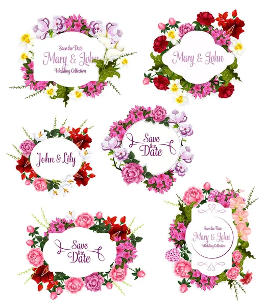 Bruiloft uitnodiging opslaan de datum floral frame instellen — Stockvector