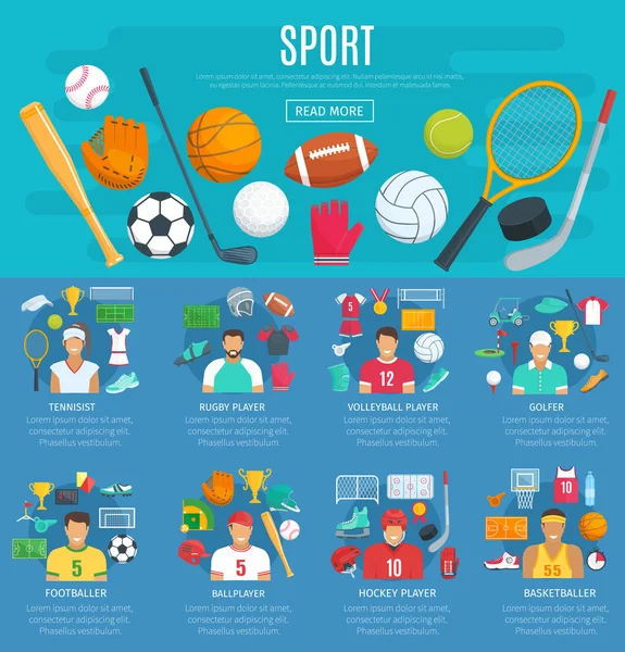 Αθλητισμός παιχνίδι αφίσα πρότυπο με αθλητικού εξοπλισμού — Διανυσματικό Αρχείο
