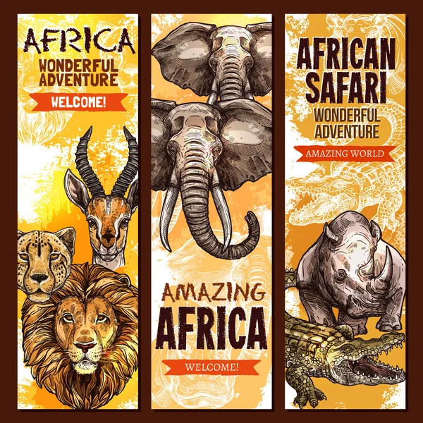 Afrikanische Safari Outdoor Abenteuer Skizze Banner Set — Stockvektor