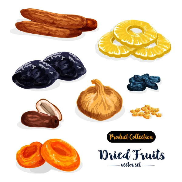 Fruta seca, conjunto de iconos de dulces naturales, diseño de alimentos — Vector de stock