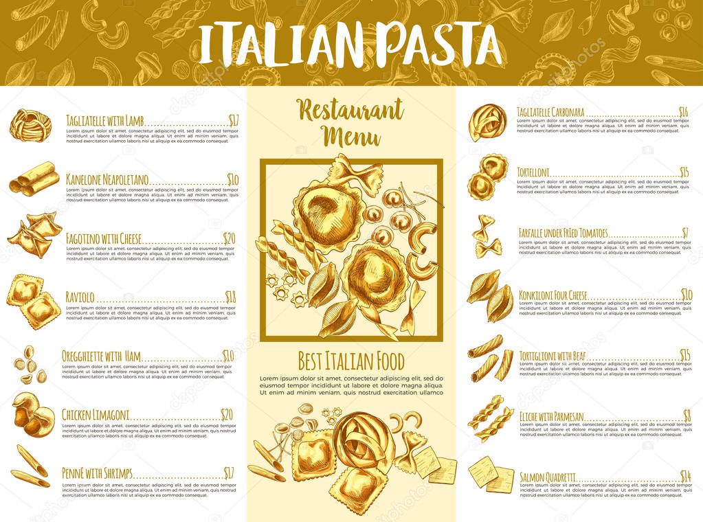 Italian pasta menu template for restaurant design